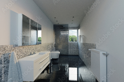 Modernes Naturstein Badezimmer mit Sitzbank und Glaswand. 3d Rendering
