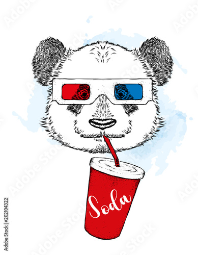 Fototapeta Naklejka Na Ścianę i Meble -  Panda in 3d glasses and a glass of soda. Vector illustration.
