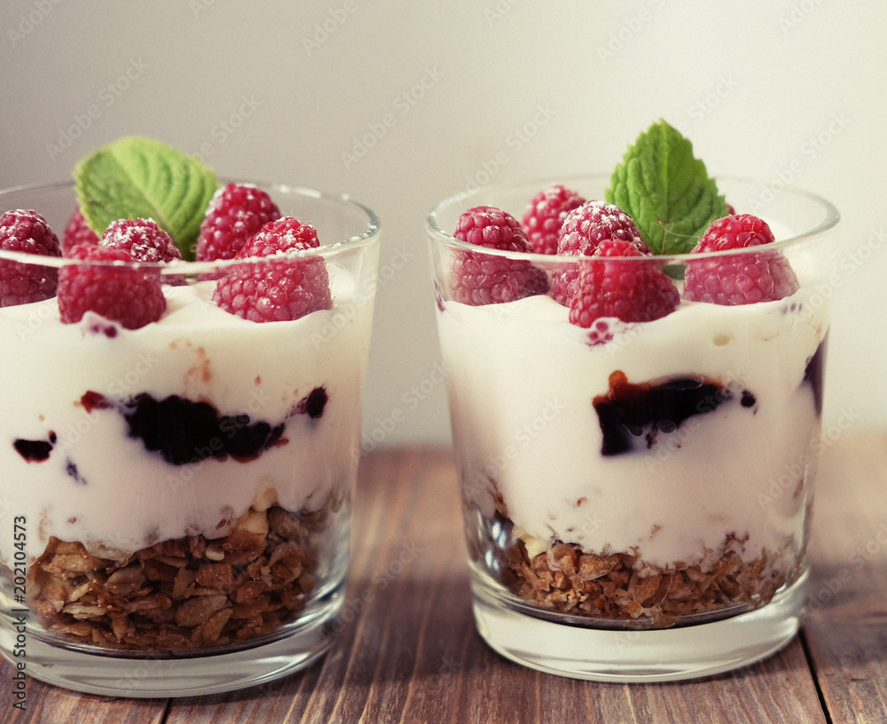 Natural yogurt with fresh berries and muesli. Healthy dessert. Natural yogurt with fresh berries and muesli. Healthy dessert.