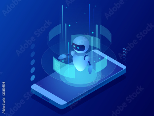 Isometric Science teacher bot concept. Artificial Intelligence, Knowledge Expertise Intelligence Learn. Technology and engineering. Online training banner