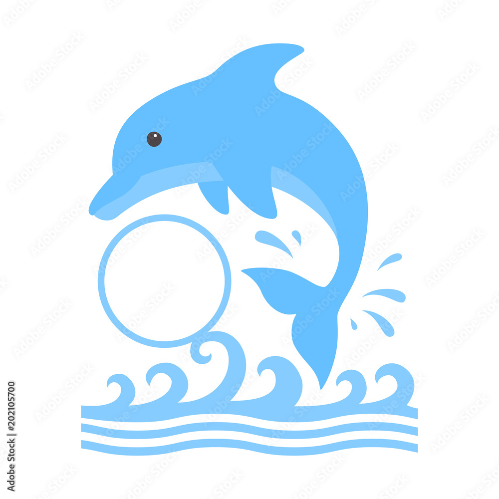 Obraz premium Jumping dolphin and a splash of water. Cute blue dolphin with a circle monogram in cartoon style. Vector illustration for swimming pool brochure or banner. Isolated