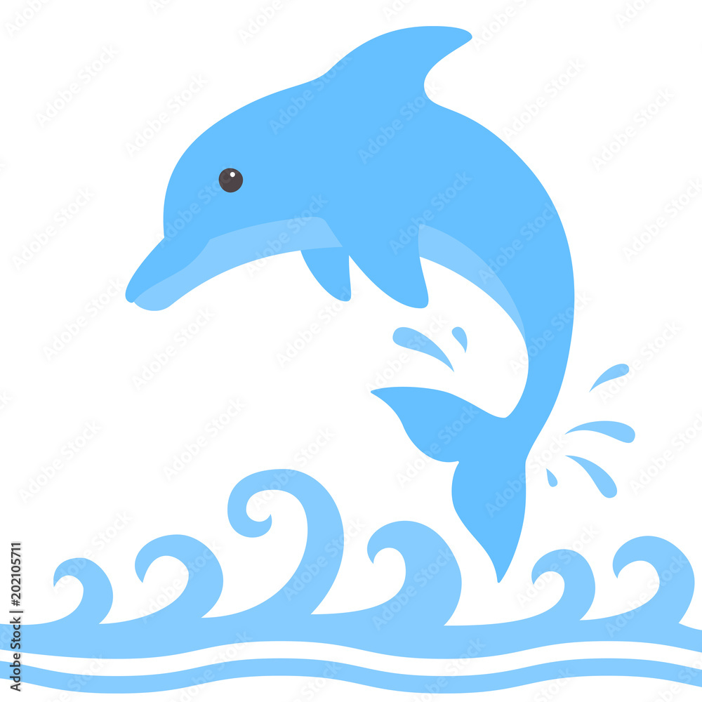 Jumping dolphin and a splash of water. Cute blue dolphin with sea wave in cartoon style. Vector illustration for swimming pool brochure or banner. Isolated Jumping dolphin and a splash of water. Cute blue dolphin with sea wave in cartoon style. Vector illustration for swimming pool brochure or banner. Isolated