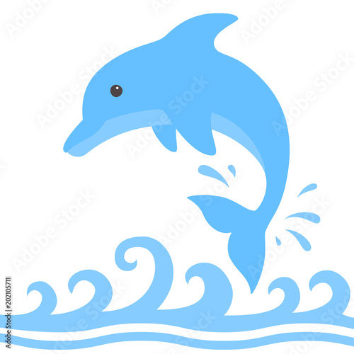 Jumping dolphin and a splash of water. Cute blue dolphin with sea wave in cartoon style. Vector illustration for swimming pool brochure or banner. Isolated