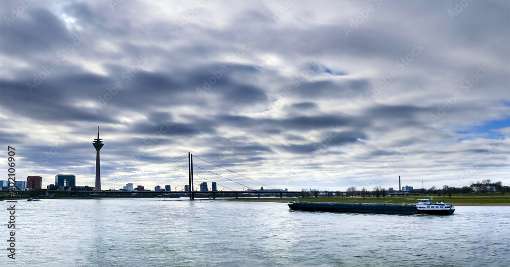 Futuristic panoramic landscape - DÃ¼sseldorf, Rhine River, Urban Skyline, Germany, Bridge - Built Structure