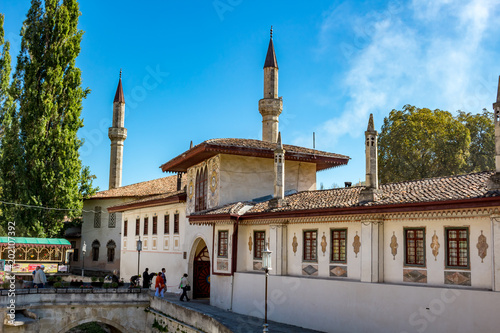 BAKHCHYSARAY, CRIMEA - SEPTEMBER 2014: The Khan's Palace or Hansaray is Bakhchysarai, Crimea. Historical and cultural reserve. North gate with gate tower photo