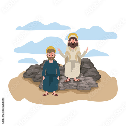 Jesus christ with apostle in the dessert characters vector illustration design
