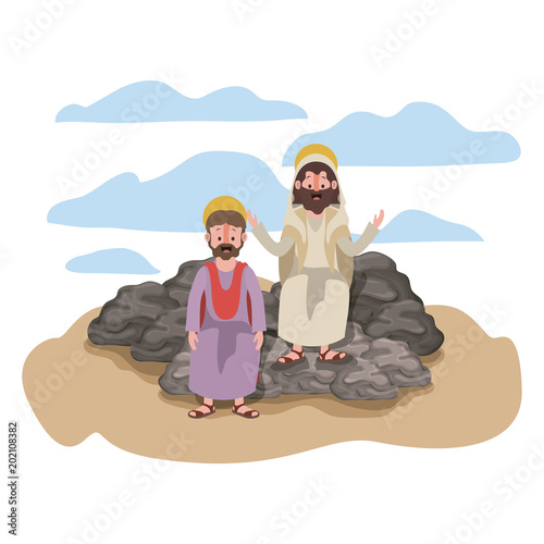 Jesus christ with apostle in the dessert characters vector illustration design