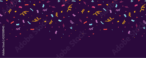Fun confetti purple horizontal seamless border. Great for a birthday party or an event celebration invitation or decor. Surface pattern design.