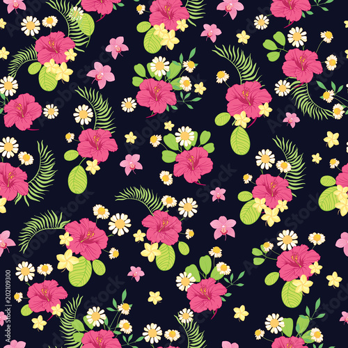 Tropical flowers ditsy seamless pattern design. Great for summer fabric, wall...