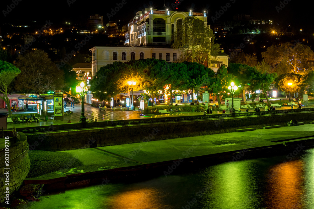 Yalta, Crimea - October 2014: View of the Yalta embankment in the evening. The south coast of Crimea
