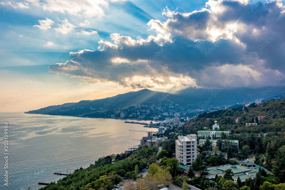 View of Yalta at sunset from the height, Crimea. The south coast of Crimea
