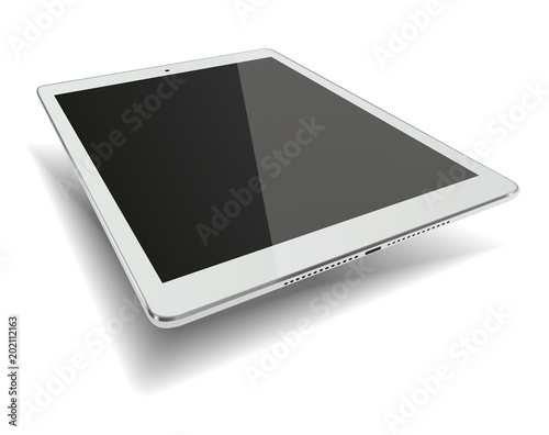 Tablet pc computer with black screen isolated on white background.