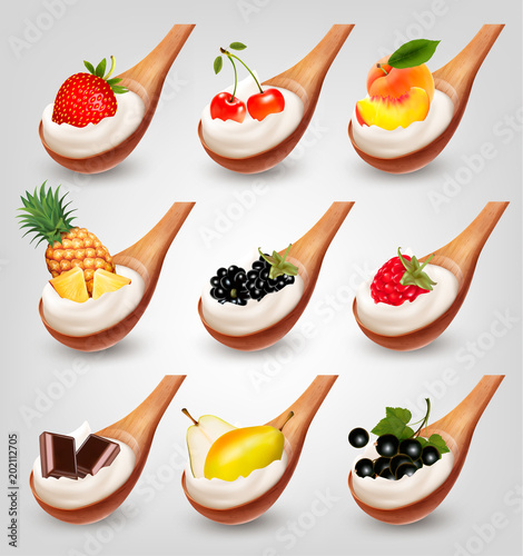 Big collection of fruit and yogurt in spoon. Strawberry, blueberry, coconut, peach, pear, orange, banana, mango.