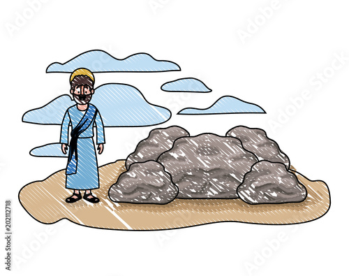 apostle of Jesus with halo in the rock character vector illustration design