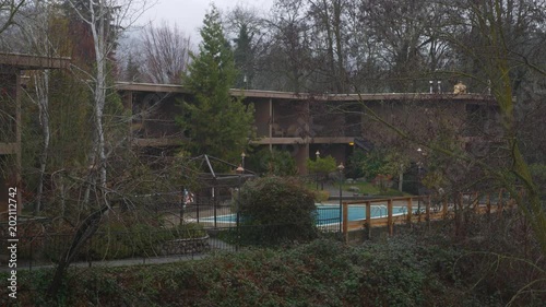 Zoom-in on a swimming pool in the rain at a motel in Grants Pass, Oregon