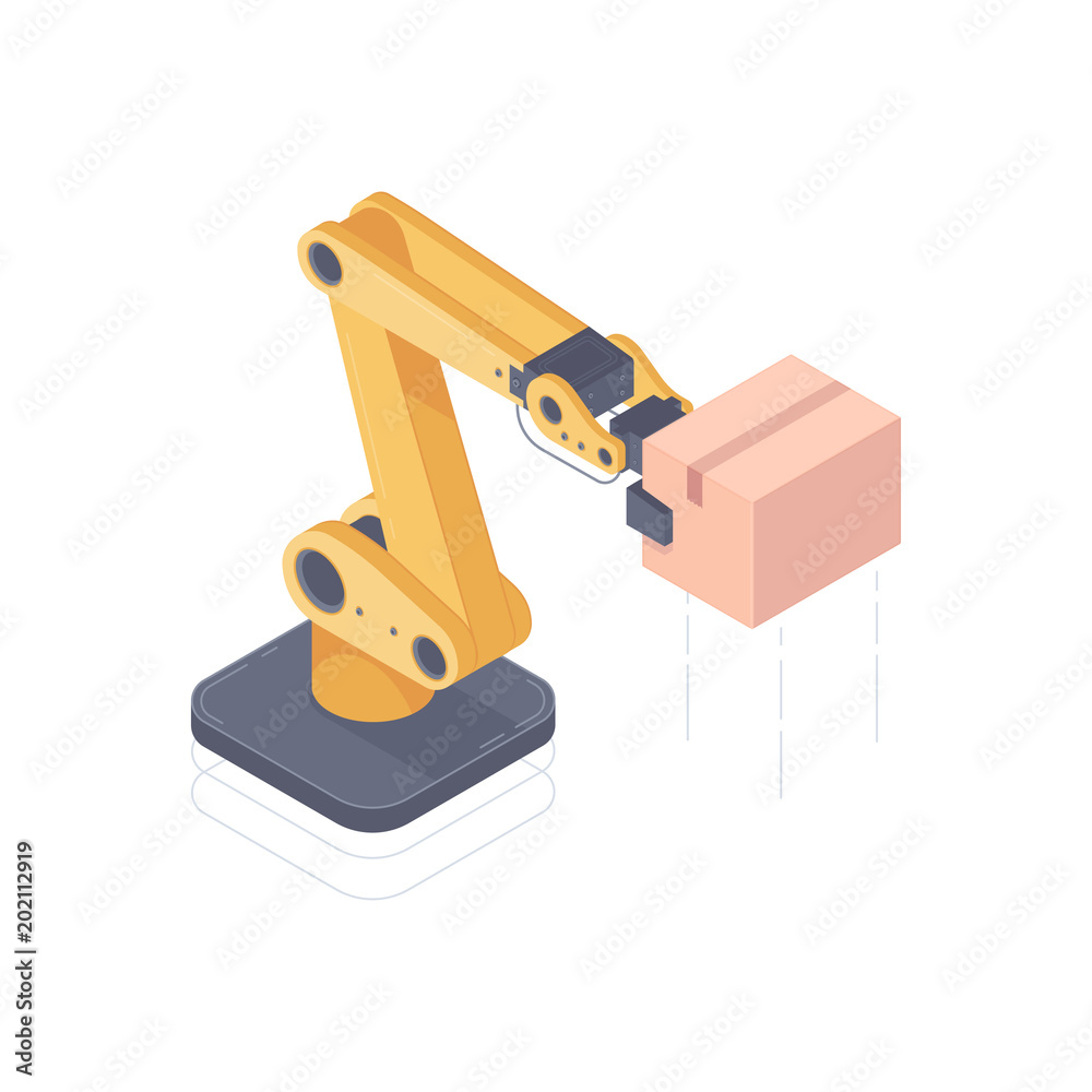 Isometric automated robot arm. Smart automated robotic arm holding box in a warehouse. Design for landing page of modern logistics center. Vector 3d isometric illustration on white background