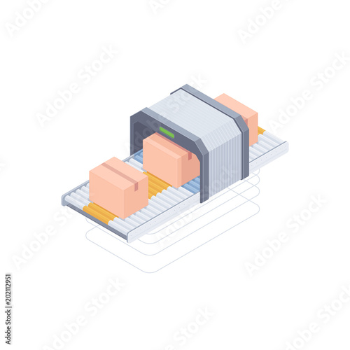Smart Automated packaging conveyor with boxes isolated on white background