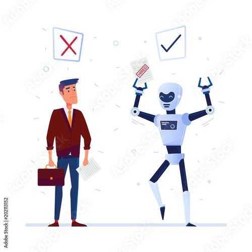 Young caucasian man and robot pass a job interview