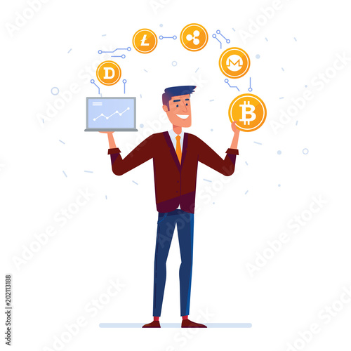 Happy caucasian man juggles with cryptocurrency coins. Concept of crypto currency converting, blockchain wallet and money keeping. Vector cartoon illustration on the white background. Square layout.