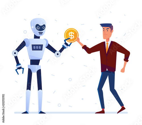 Robot steals money from sad caucasian man