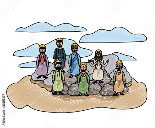 apostles group of Jesus with halo in the rock character vector illustration design