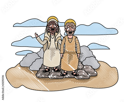 Jesus christ with apostle in the dessert characters vector illustration design
