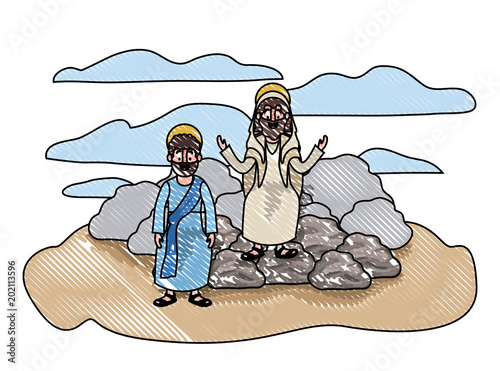 Jesus christ with apostle in the dessert characters vector illustration design