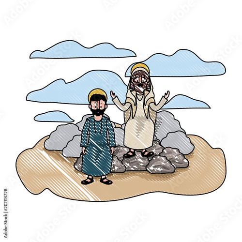 Jesus christ with apostle in the dessert characters vector illustration design