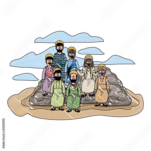 apostles group of Jesus with halo in the rock character vector illustration design