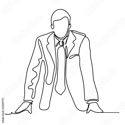 The businessman is leaning on the table. Continuous line drawing. Isolated on the white background. Vector monochrome, drawing by lines. sketch