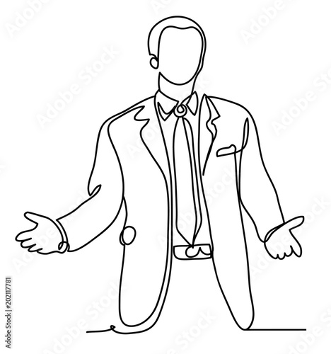 Businessman says waving his hands. Continuous line drawing. Isolated on the white background. Vector monochrome, drawing by lines. sketch