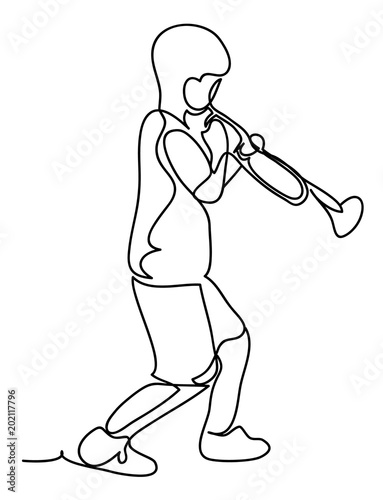 Boy blowing into a trumpet against white background. Continuous line drawing. Isolated on the white background. Vector monochrome, drawing by lines. sketch