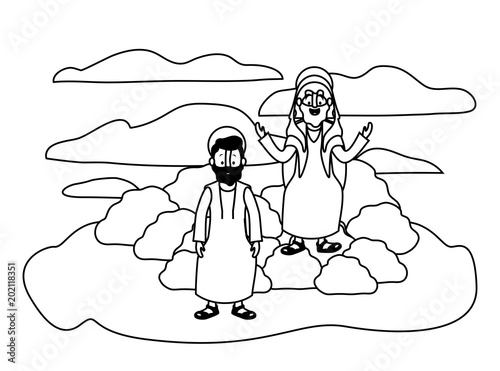 Jesus christ with apostle in the dessert characters vector illustration design