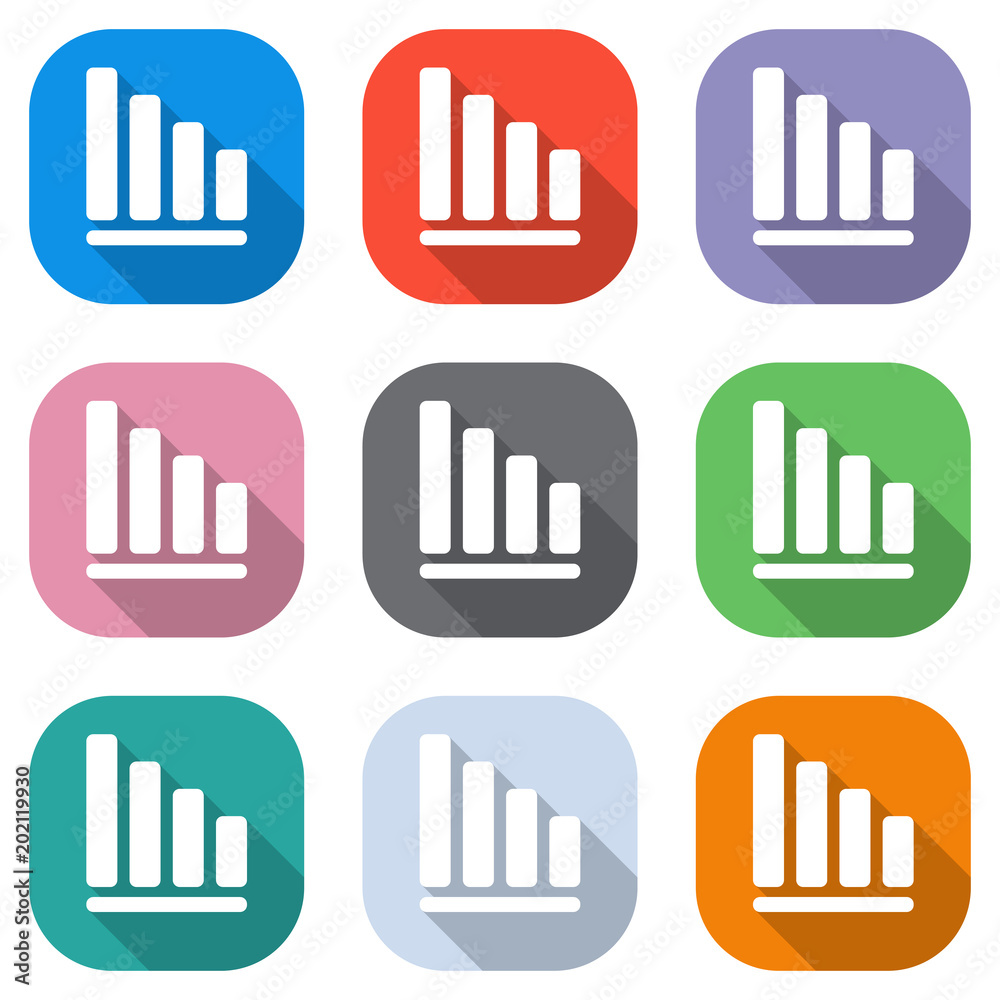 Declining graph line icon. Set of white icons on colored squares for applications. Seamless and pattern for poster