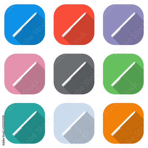 Pen icon. Set of white icons on colored squares for applications. Seamless and pattern for poster