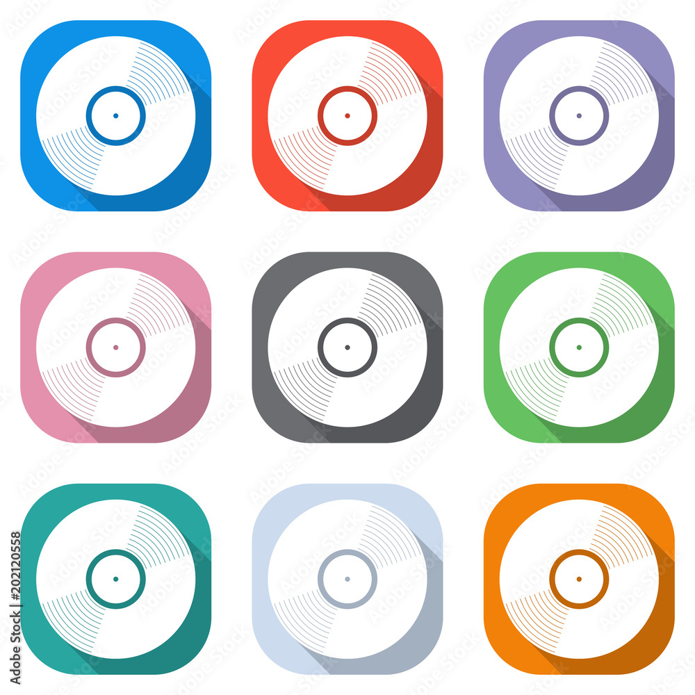 vinyl icon. Set of white icons on colored squares for applications. Seamless and pattern for poster vinyl icon. Set of white icons on colored squares for applications. Seamless and pattern for poster