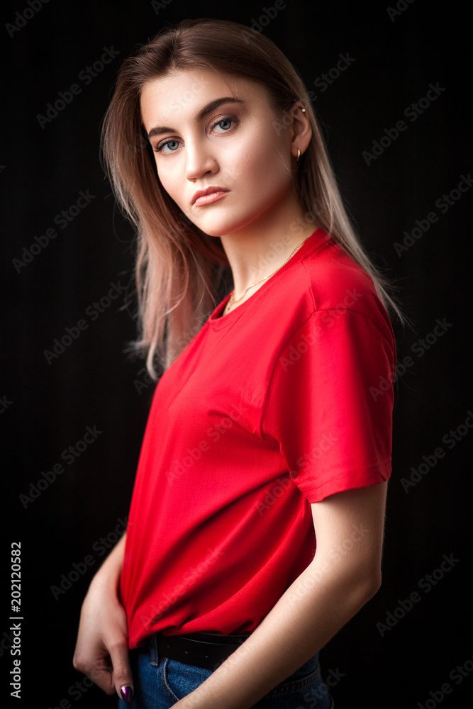 Girl in sales red shirt