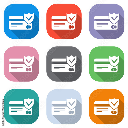 credit card protection icon. Set of white icons on colored squares for applications. Seamless and pattern for poster