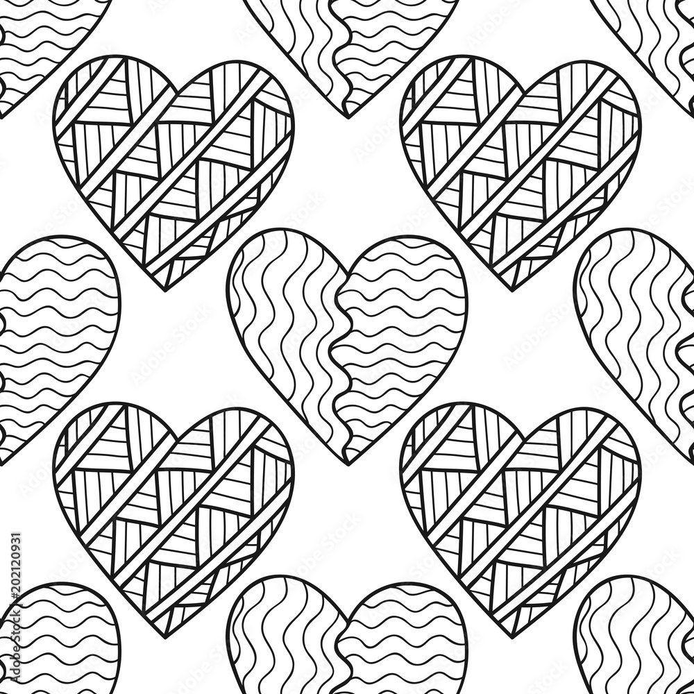 Fototapeta premium Hearts. Black and white decorative seamless pattern for coloring book. Romantic, lovely background.