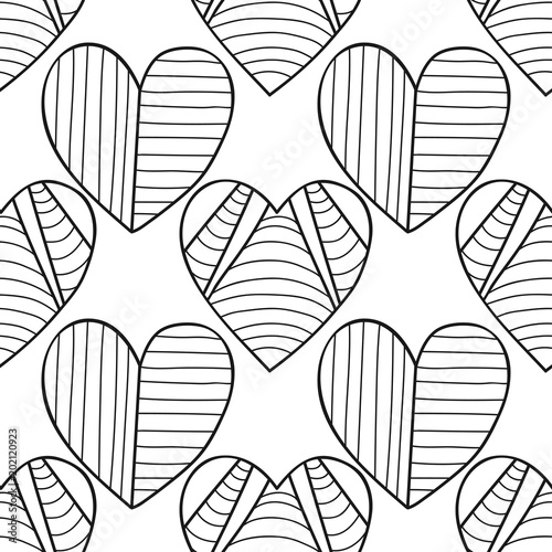 Hearts. Black and white decorative seamless pattern for coloring book. Romantic  lovely background.