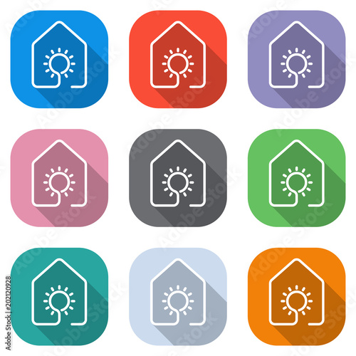 house with sun or light lamp icon. line style. Set of white icons on colored squares for applications. Seamless and pattern for poster