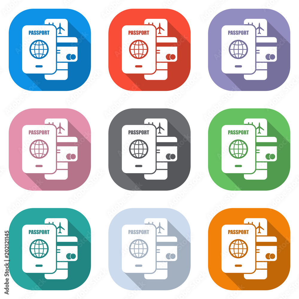 passport, ticket, credit card. air travel concept. Set of white icons on colored squares for applications. Seamless and pattern for poster passport, ticket, credit card. air travel concept. Set of white icons on colored squares for applications. Seamless and pattern for poster