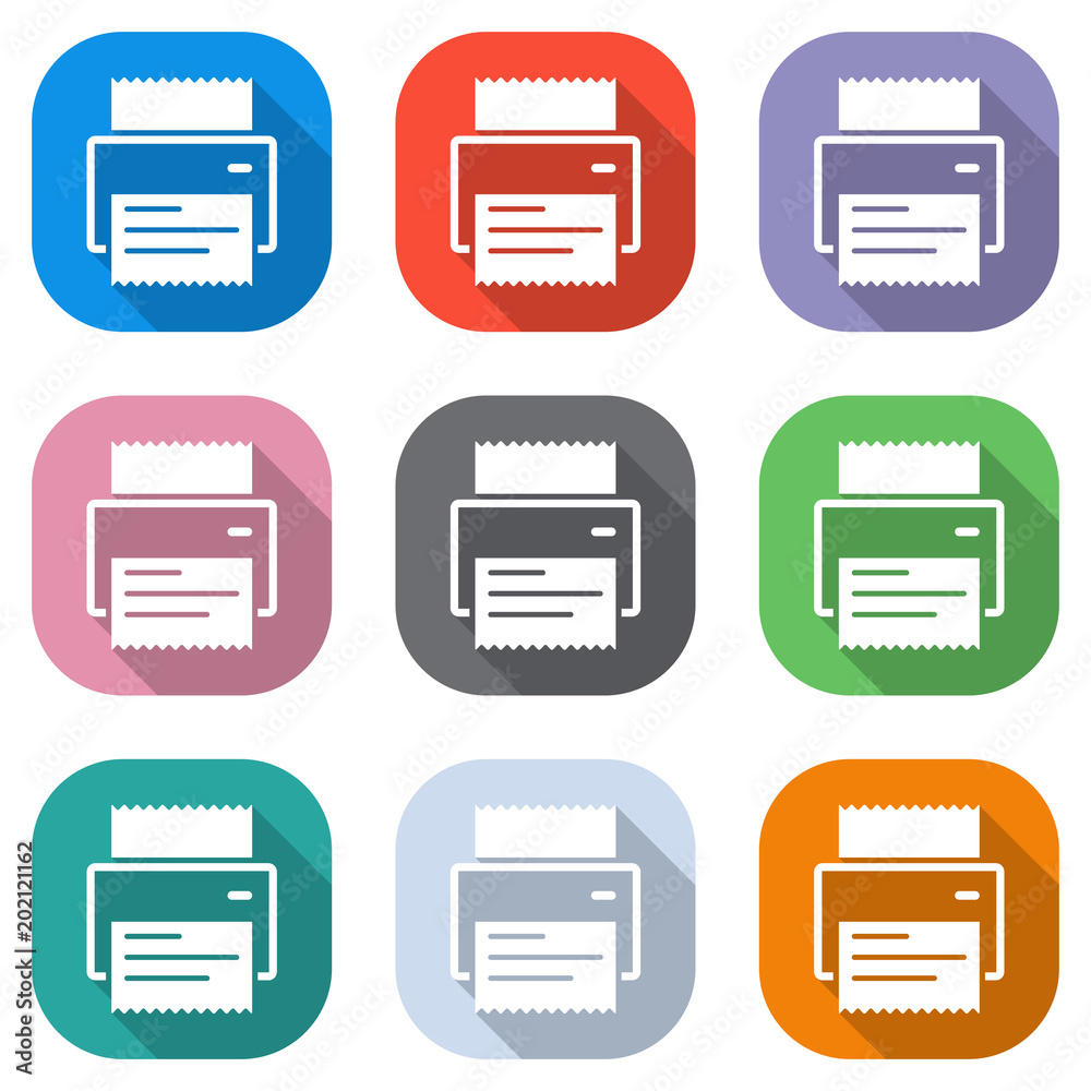 printer, receipt, simple icon. Set of white icons on colored squares for applications. Seamless and pattern for poster printer, receipt, simple icon. Set of white icons on colored squares for applications. Seamless and pattern for poster