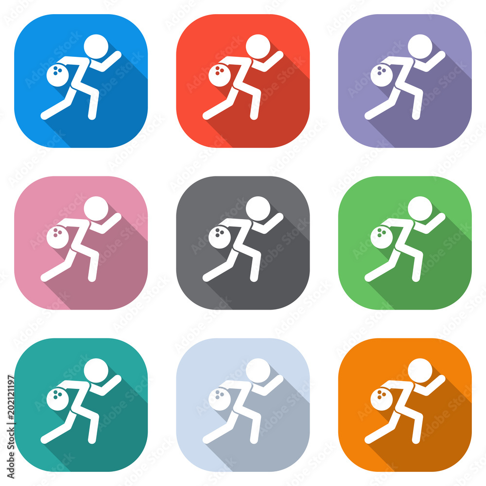 running man, bowling icon. Set of white icons on colored squares for applications. Seamless and pattern for poster running man, bowling icon. Set of white icons on colored squares for applications. Seamless and pattern for poster