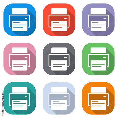 printer and paper. Set of white icons on colored squares for applications. Seamless and pattern for poster