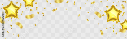 Vector party balloons illustration. Confetti and ribbons flag ribbons, Celebration background template and Balloon stars