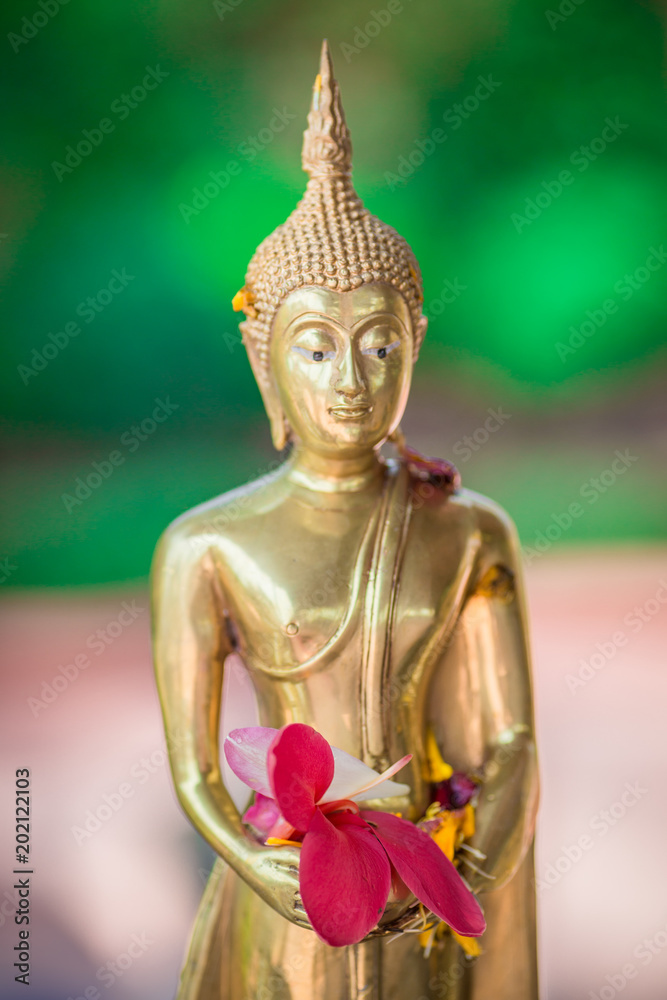Songkran is a tradition of the Thai New Year. A hand hold a golden bowl with scented water and flower to bath golden Buddha statue. / Water blessing ceremony for Songkran Festival or Thai New Year. Songkran is a tradition of the Thai New Year. A hand hold a golden bowl with scented water and flower to bath golden Buddha statue. / Water blessing ceremony for Songkran Festival or Thai New Year.
