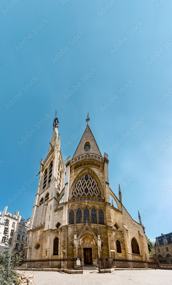Front view facade of medieval Church of Saint-Severin in Paris