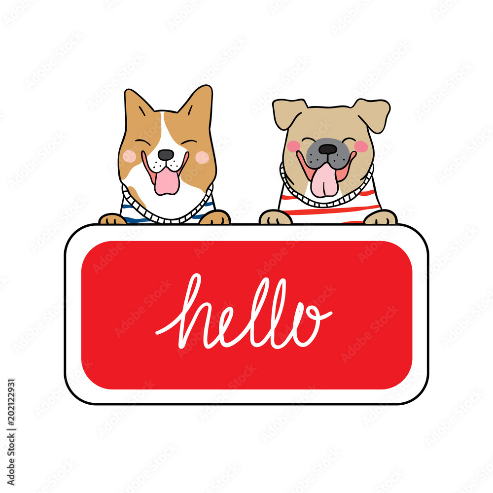Vector illustration template background design of happy dog with red board  write Hello 2018 for New year Doodle cartoon style Stock Vector | Adobe  Stock