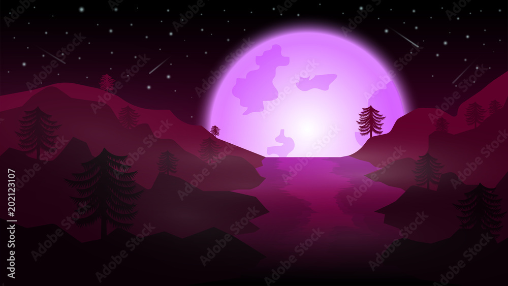 Fototapeta premium lake with purple full moon;pine grow on mountain;beautiful night landscape vector design;night of full moon with purple light;misty night landscape;fog on lake